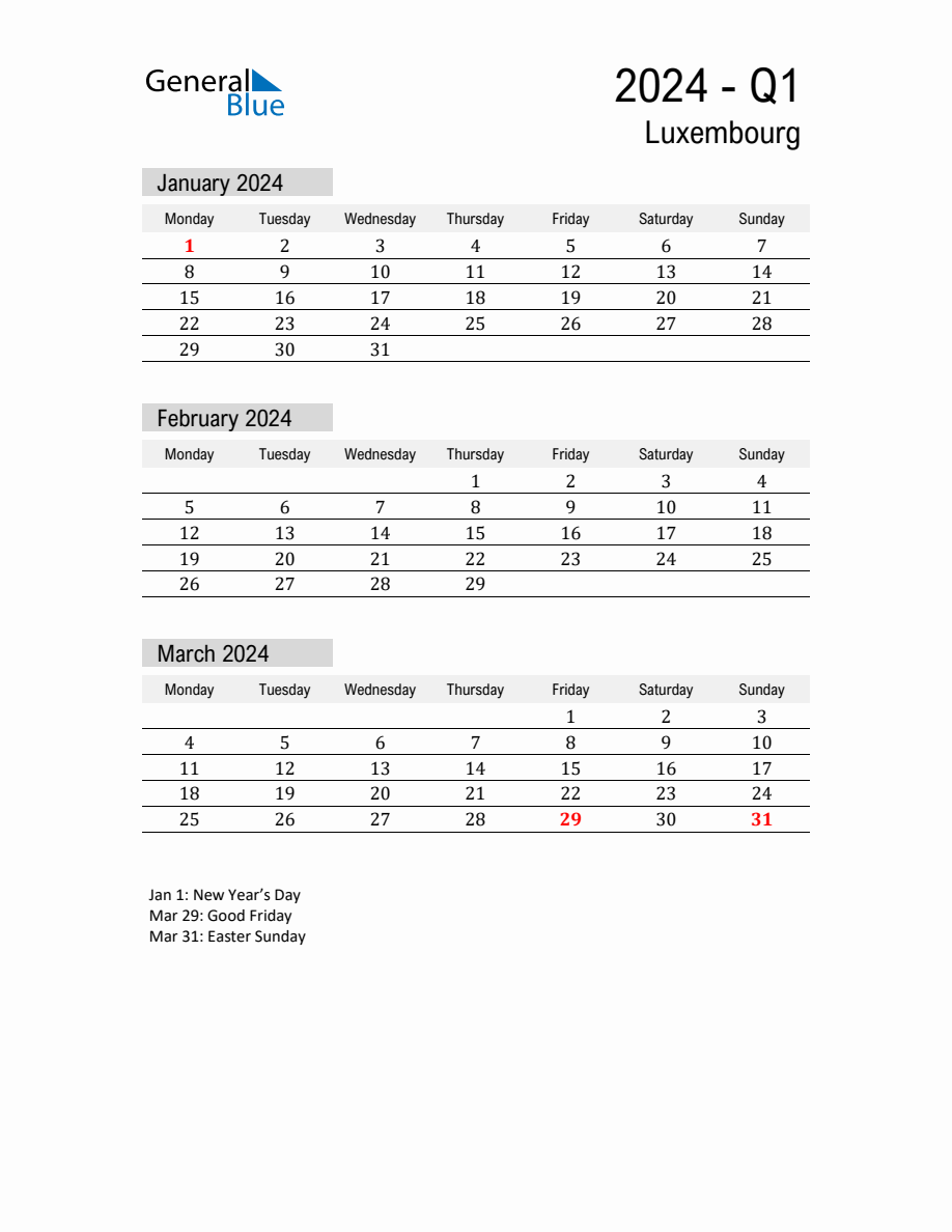 Luxembourg Quarter 1 2024 Calendar with Holidays