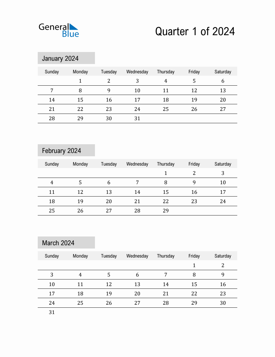 January, February, and March 2024 Calendar Template