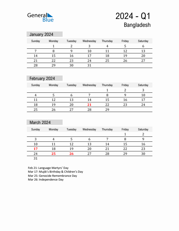 Q1 2024 Quarterly Calendar with Bangladesh Holidays (PDF, Excel, Word)