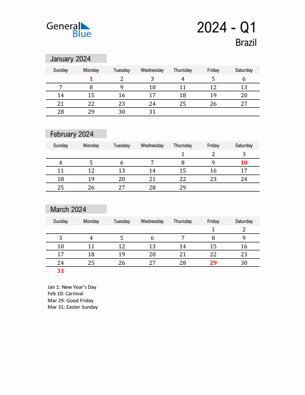 Q1 2024 Quarterly Calendar with Brazil Holidays (PDF, Excel, Word)