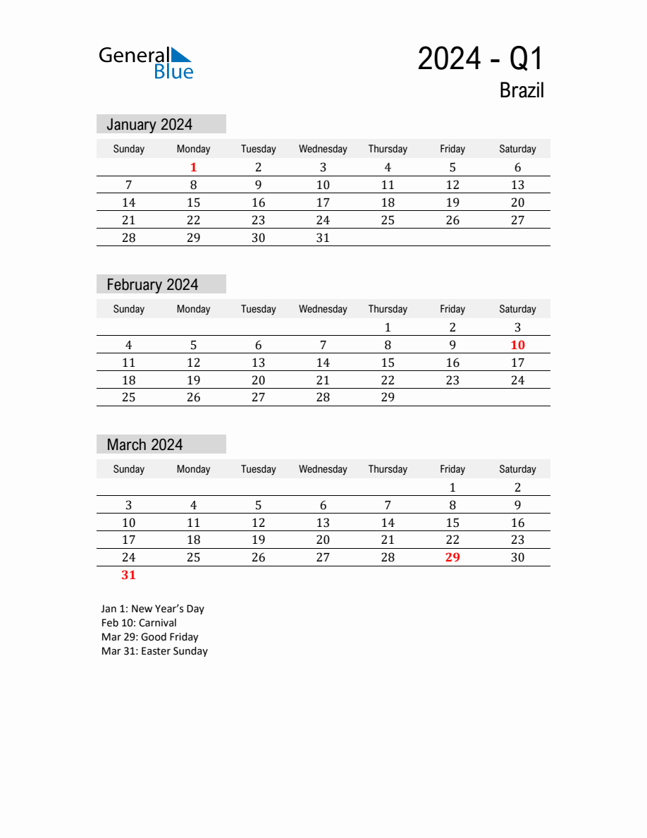 Brazil Quarter 1 2024 Calendar with Holidays