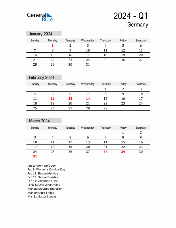 Q1 2024 Quarterly Calendar with Germany Holidays (PDF, Excel, Word)