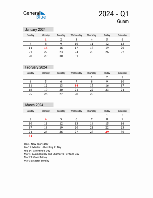 Guam Quarter 1 2024 Calendar with Holidays