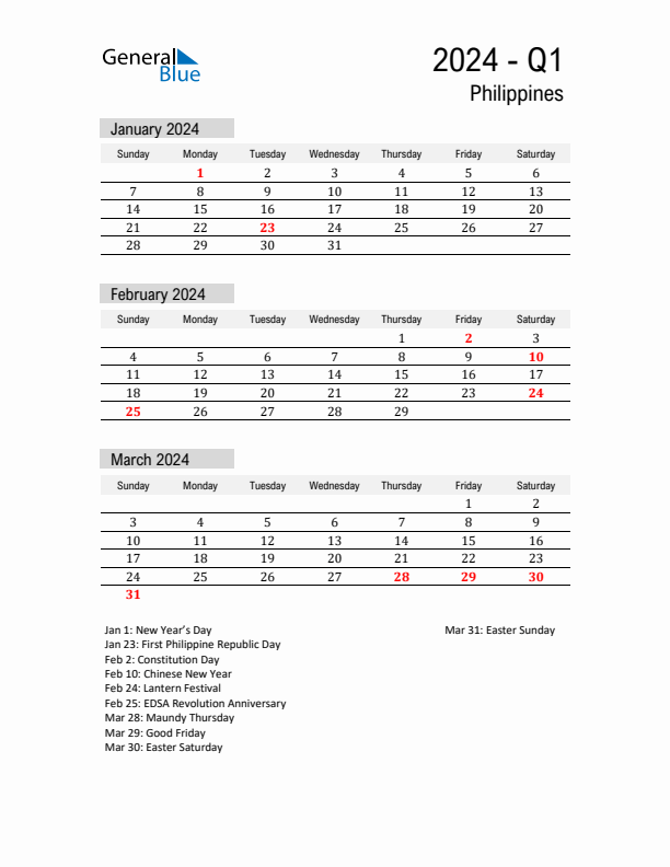 Q1 2024 Quarterly Calendar with Philippines Holidays (PDF, Excel, Word)
