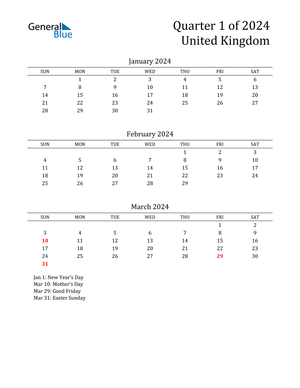 Q1 2024 Quarterly Calendar with United Kingdom Holidays