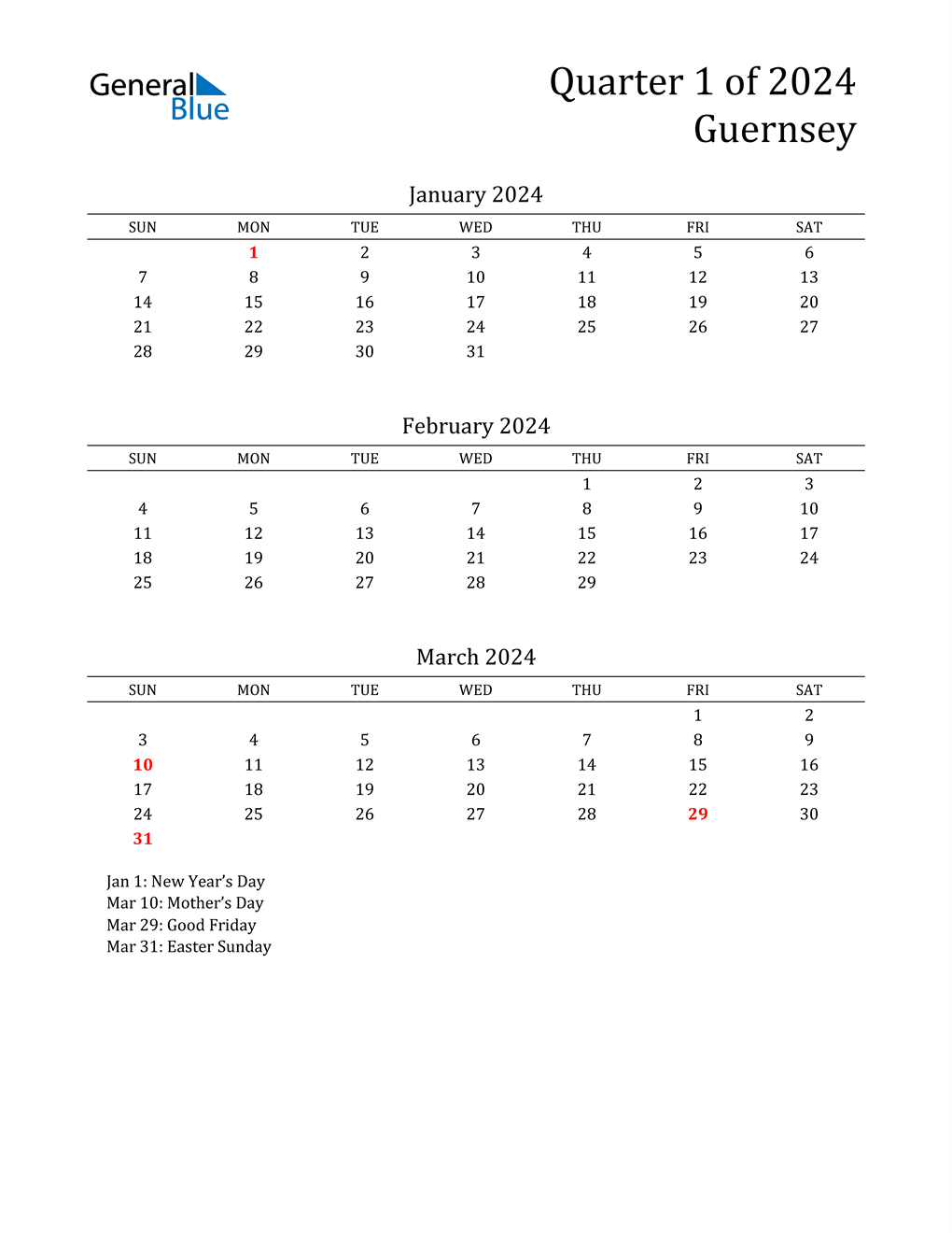 Q1 2024 Quarterly Calendar for Guernsey