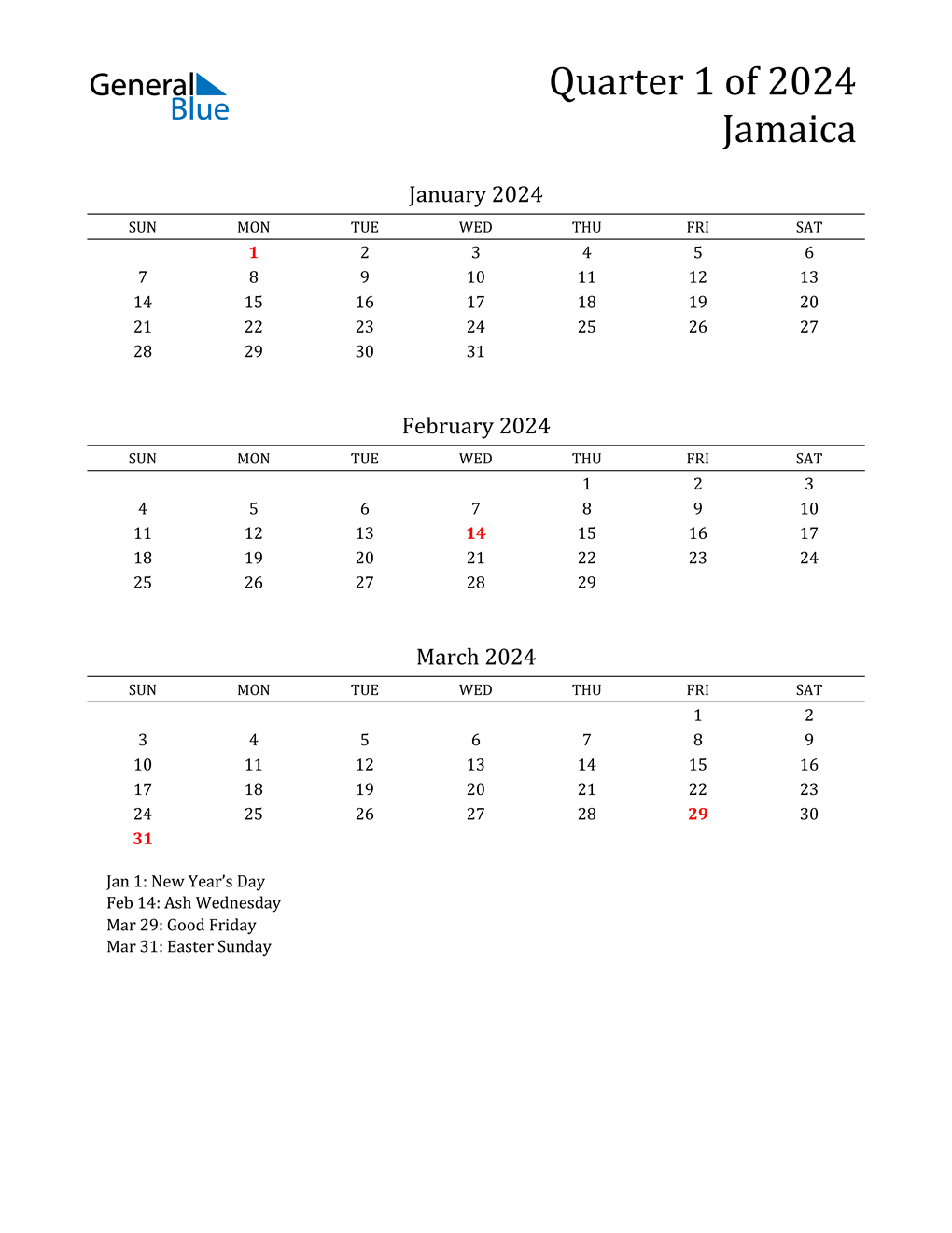 Q1 2024 Quarterly Calendar for Jamaica