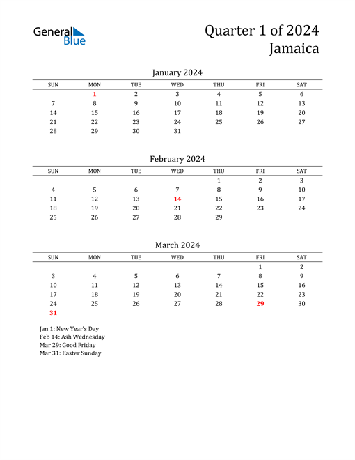 Q1 2024 Quarterly Calendar for Jamaica