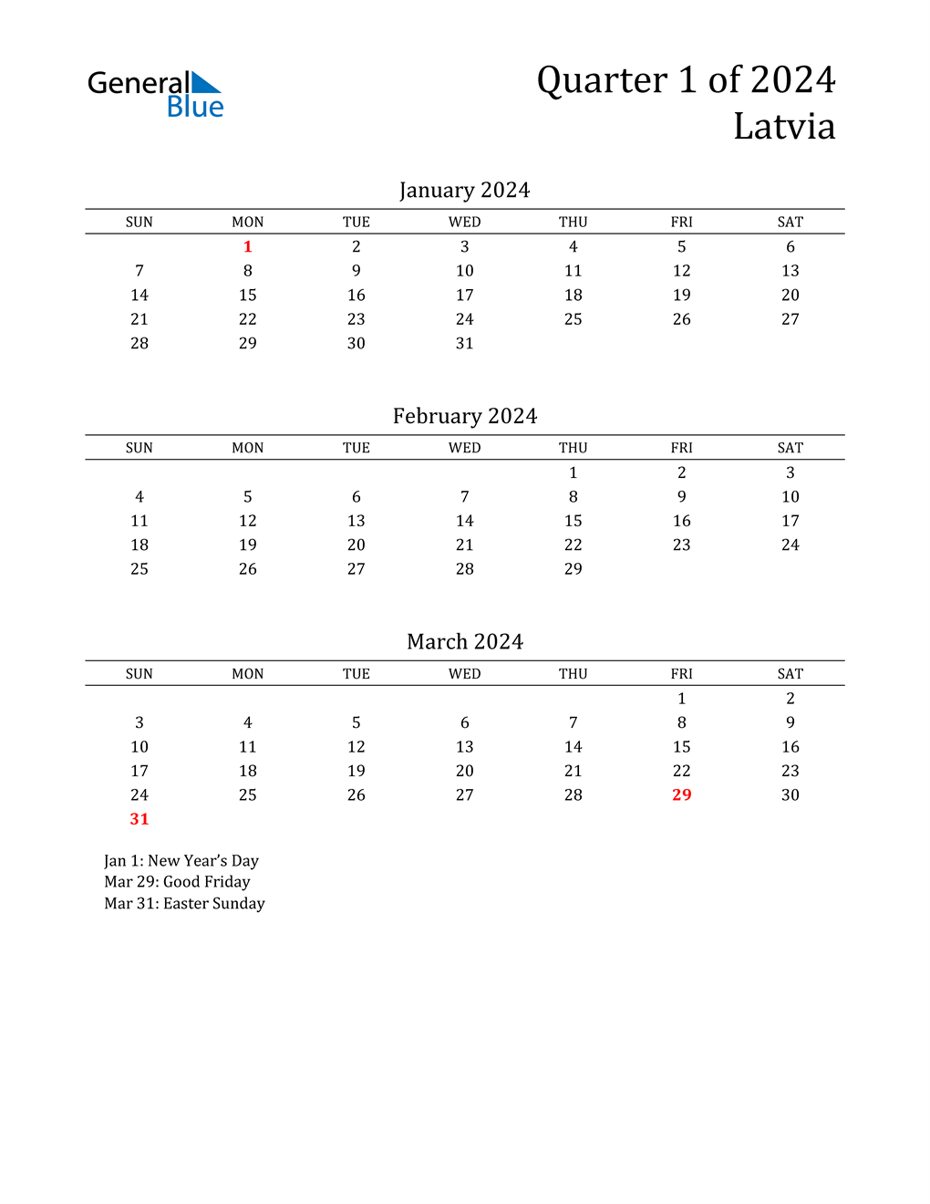 Q1 2024 Quarterly Calendar for Latvia