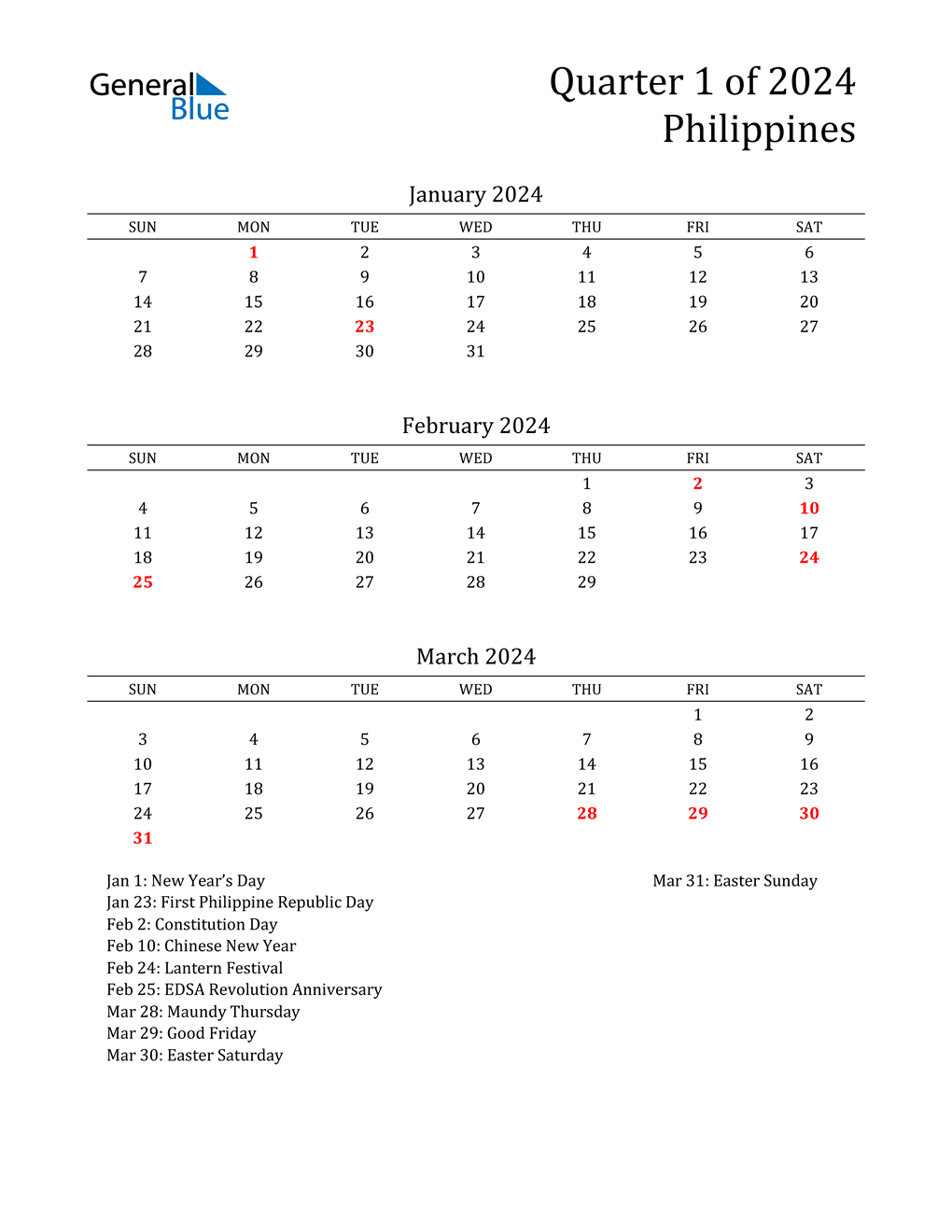 Q1 2024 Quarterly Calendar with Philippines Holidays