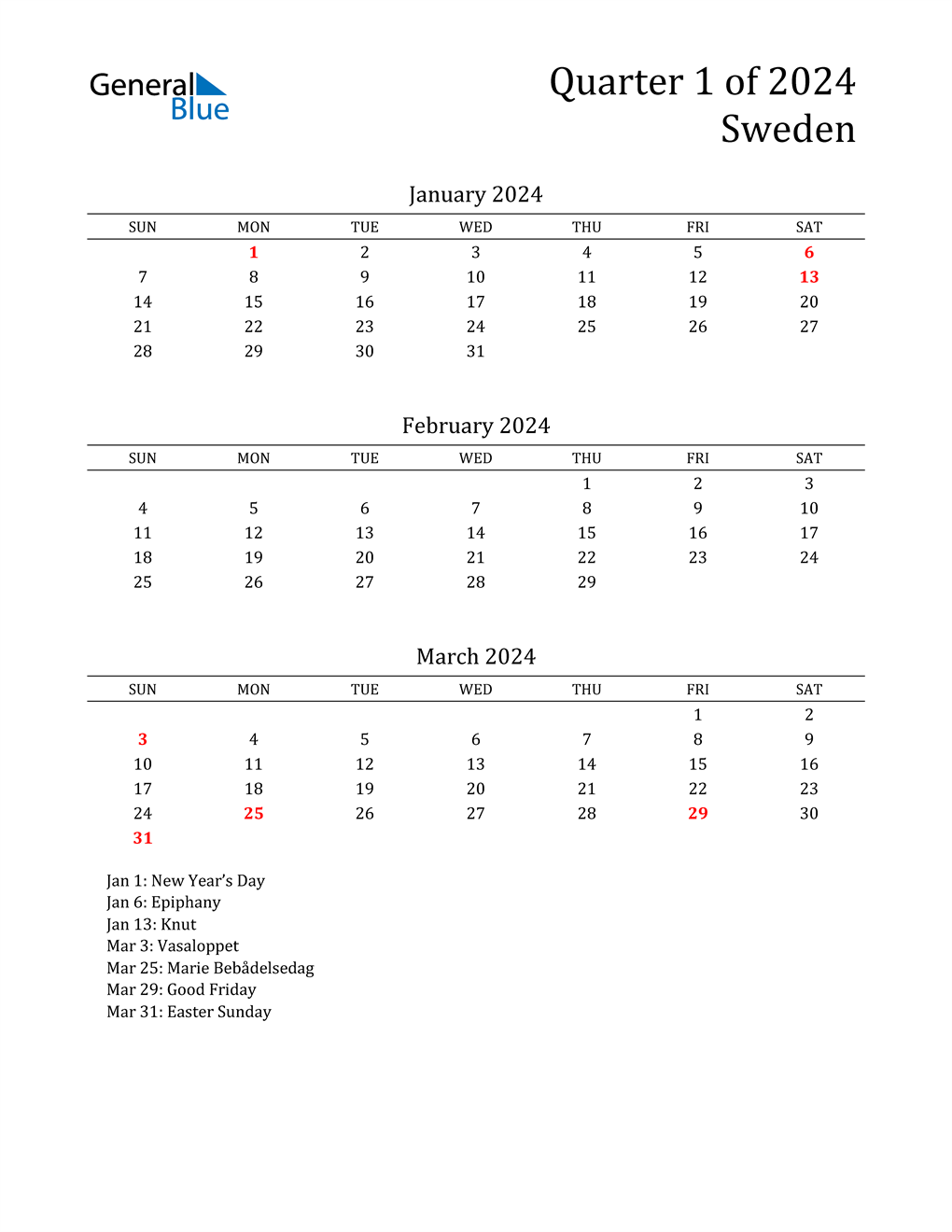 Q1 2024 Quarterly Calendar with Sweden Holidays