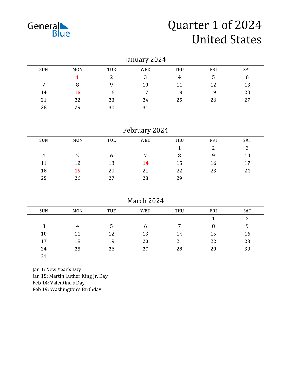Q1 2024 Quarterly Calendar with United States Holidays