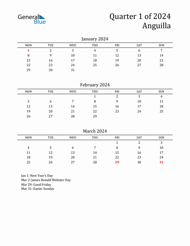 Threemonth calendar for Anguilla Q1 of 2024