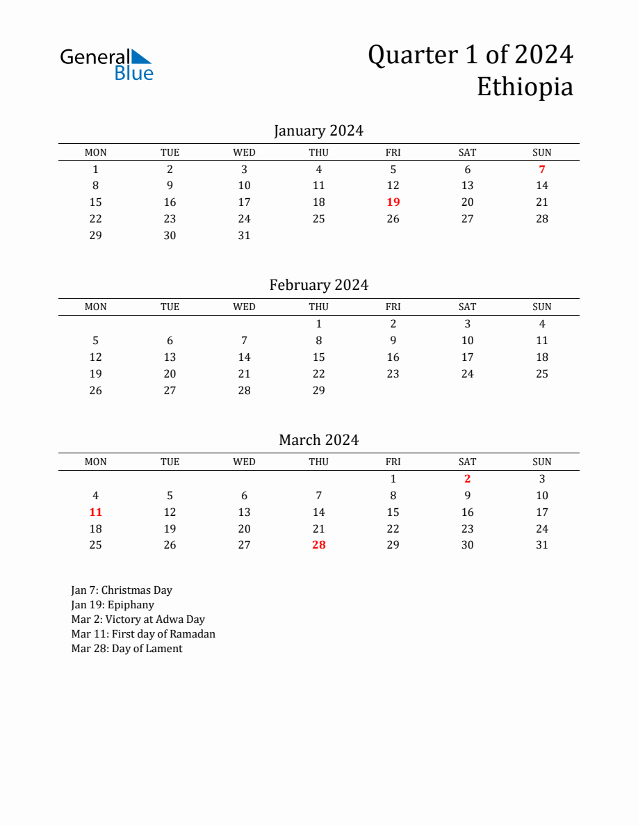 Quarter 1 2024 Ethiopia Quarterly Calendar