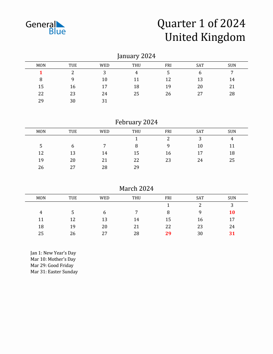 Quarter 1 2024 United Kingdom Quarterly Calendar