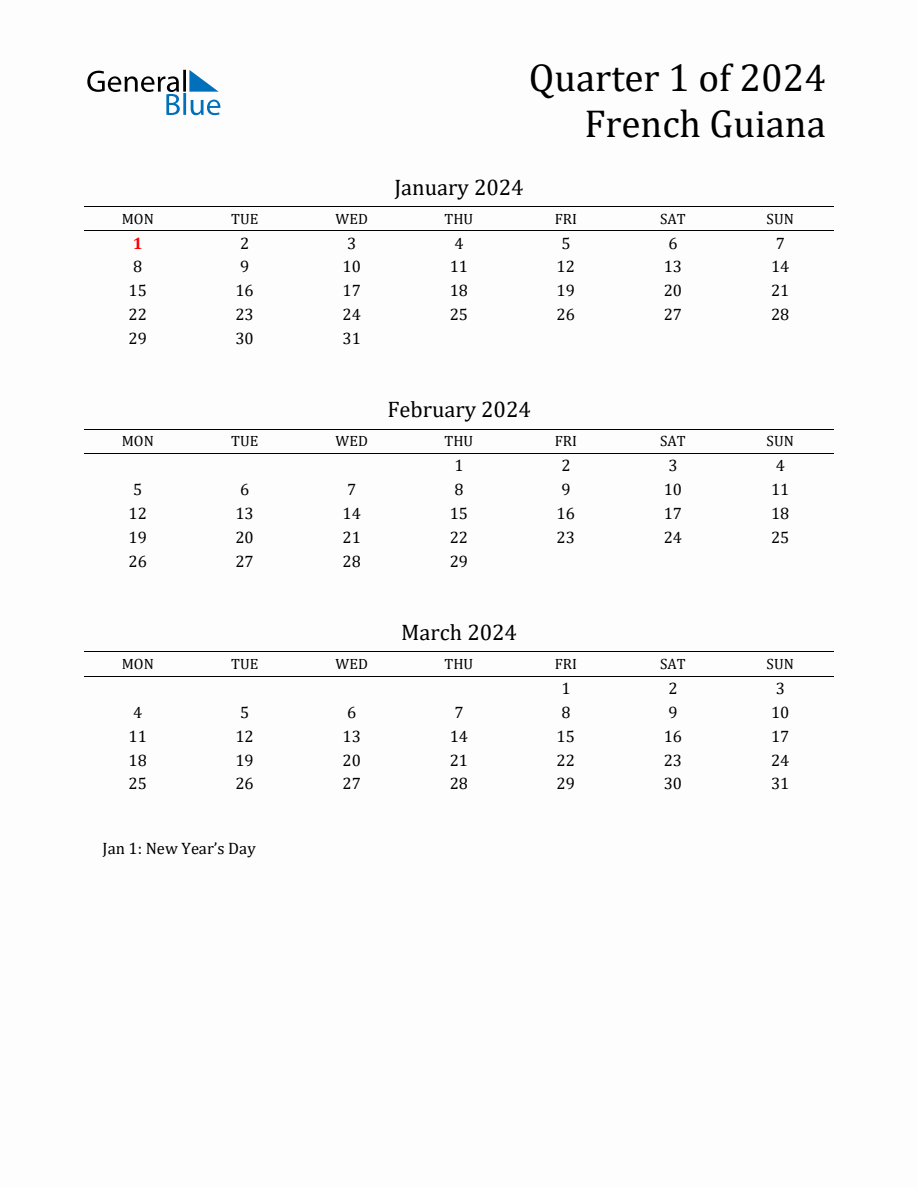 Quarter 1 2024 French Guiana Quarterly Calendar