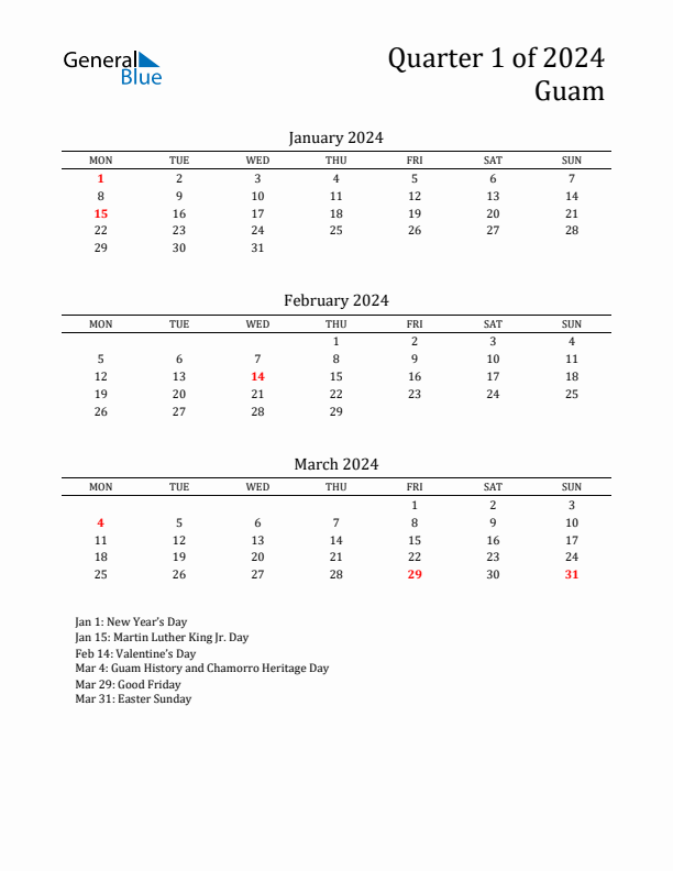 Threemonth calendar for Guam Q1 of 2024