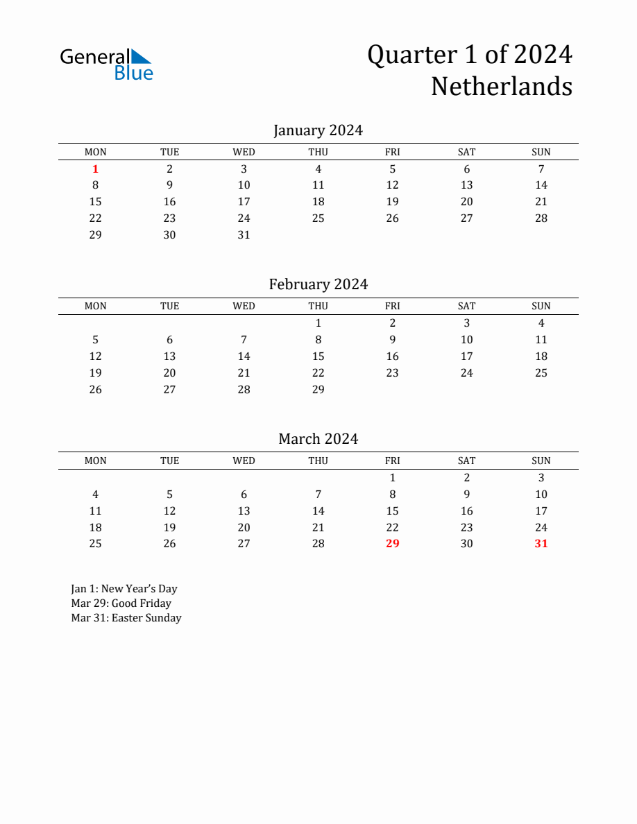 Quarter 1 2024 Netherlands Quarterly Calendar