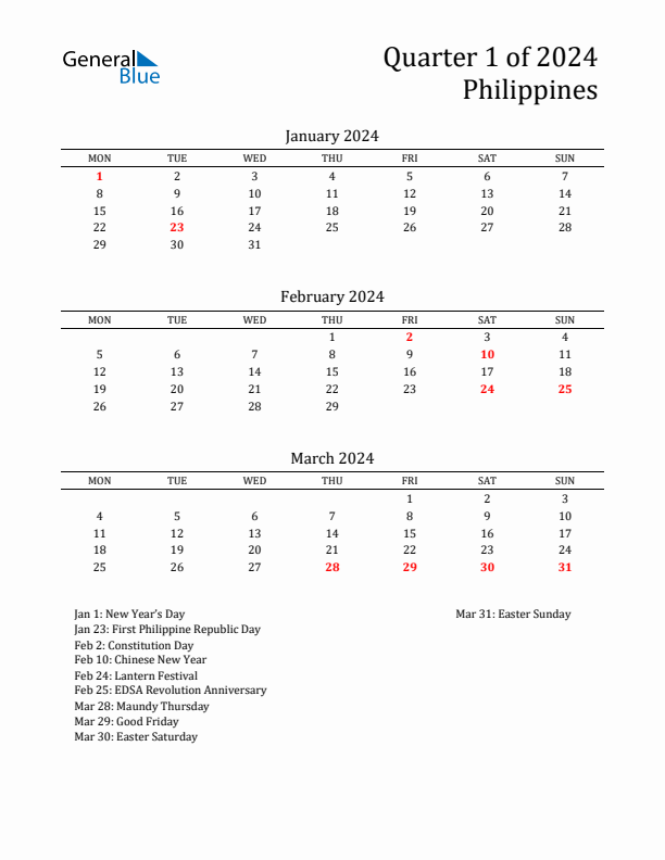 Threemonth calendar for Philippines Q1 of 2024