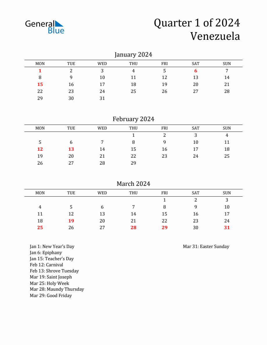 Quarter 1 2024 Venezuela Quarterly Calendar