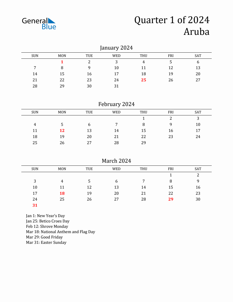 Quarter 1 2024 Aruba Quarterly Calendar
