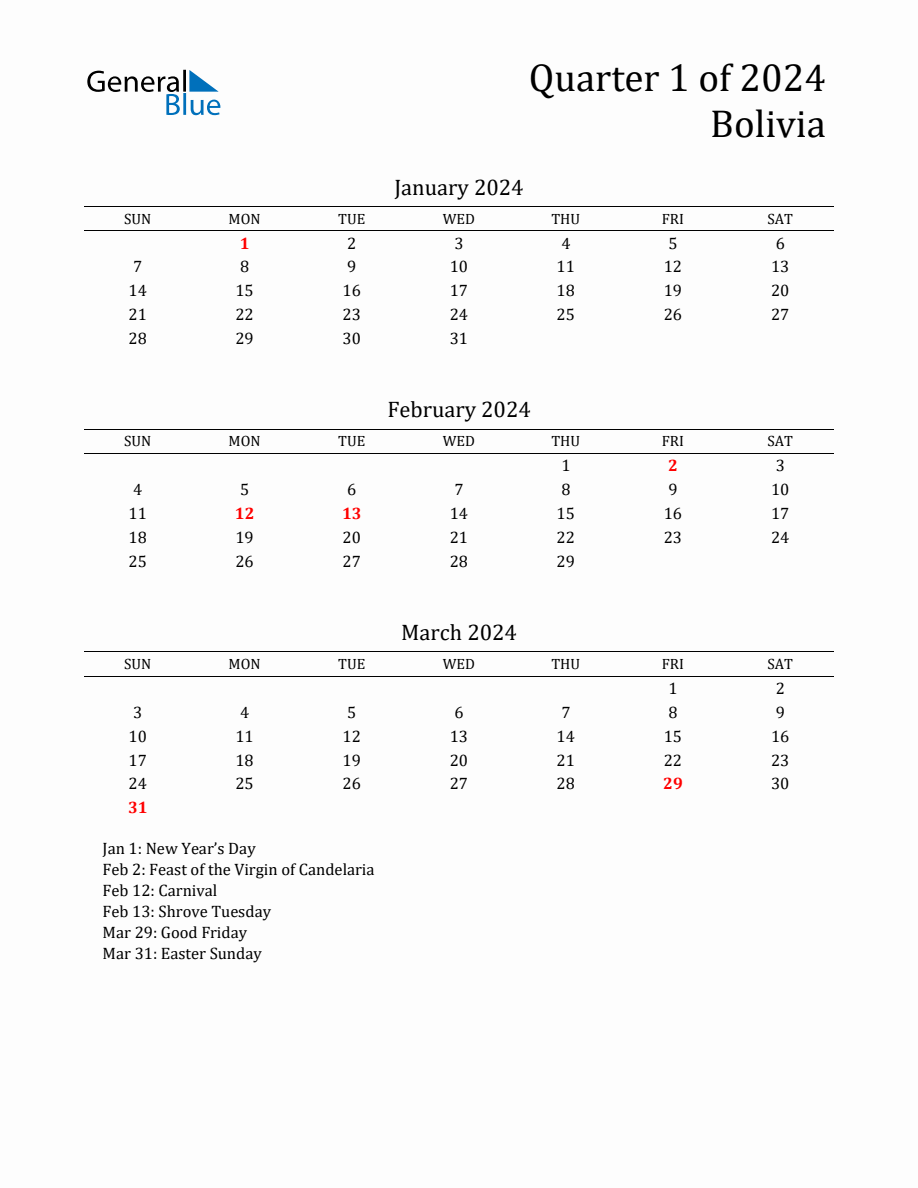 Quarter 1 2024 Bolivia Quarterly Calendar