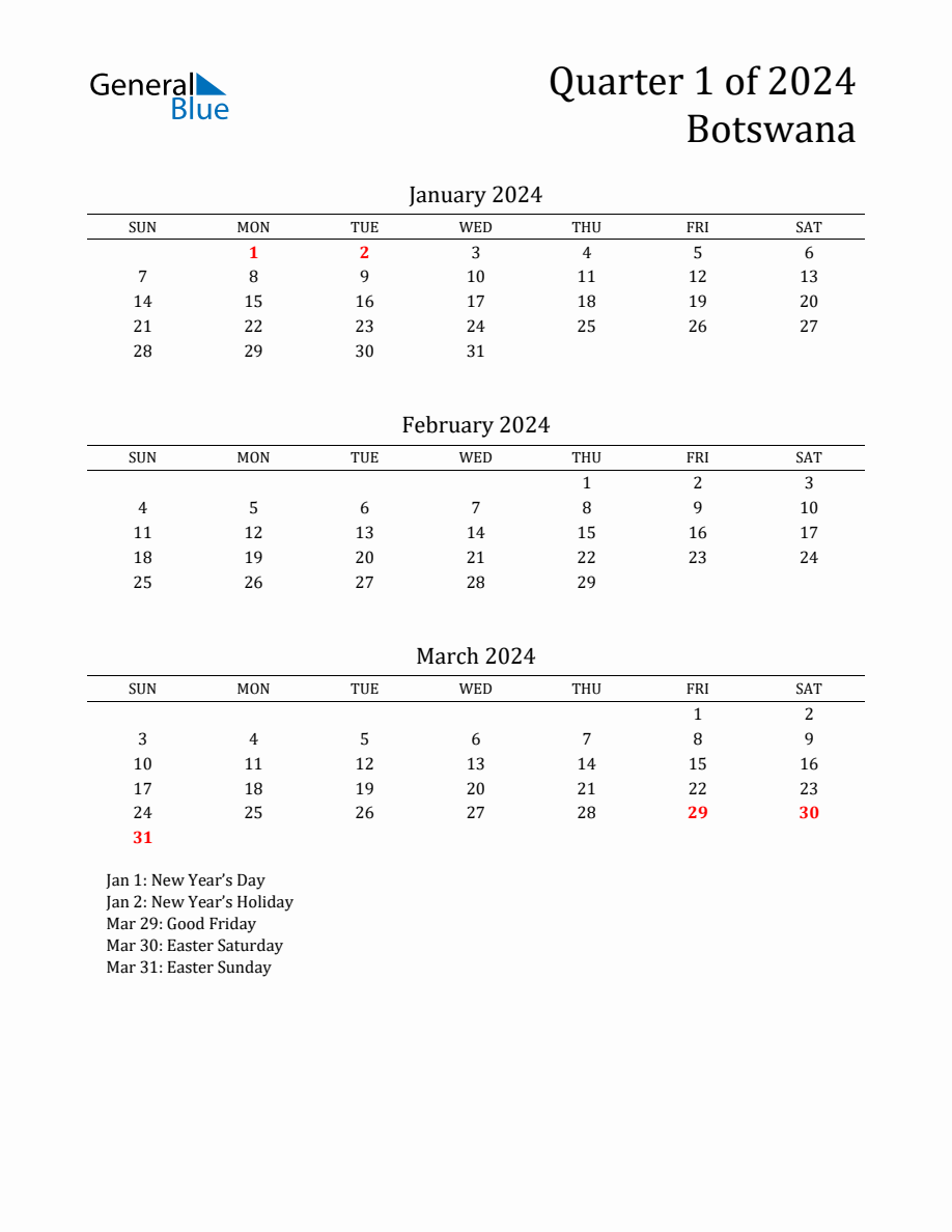 Quarter 1 2024 Botswana Quarterly Calendar