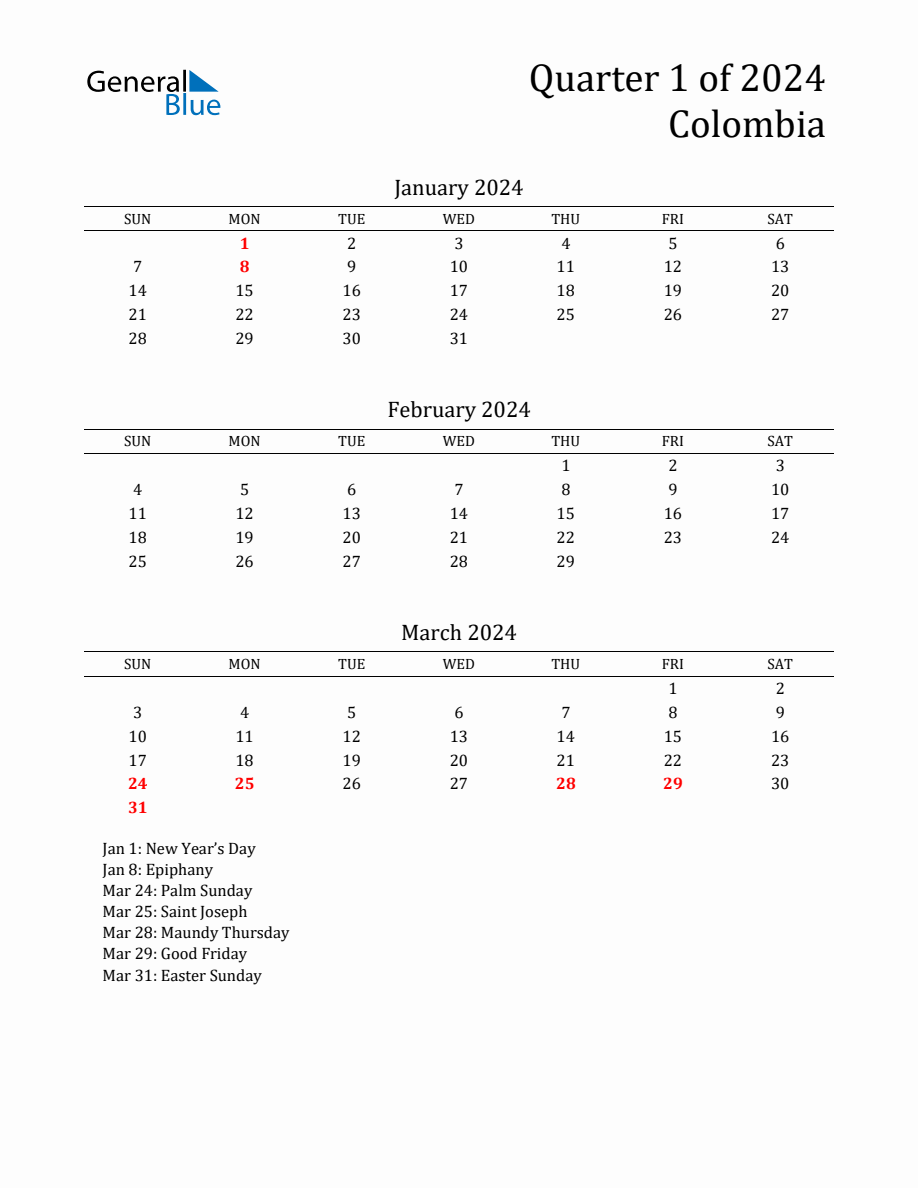 Quarter 1 2024 Colombia Quarterly Calendar