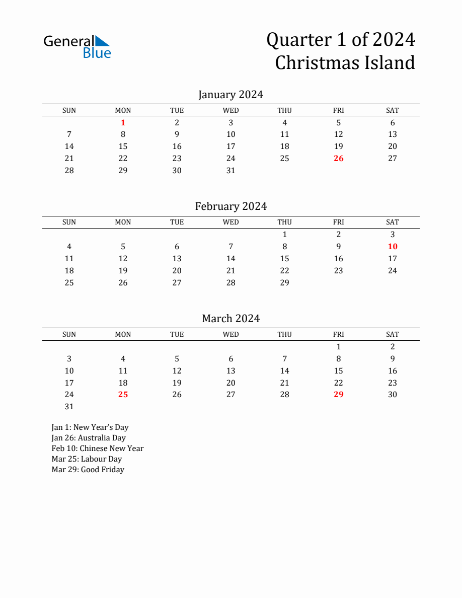 Quarter 1 2024 Christmas Island Quarterly Calendar