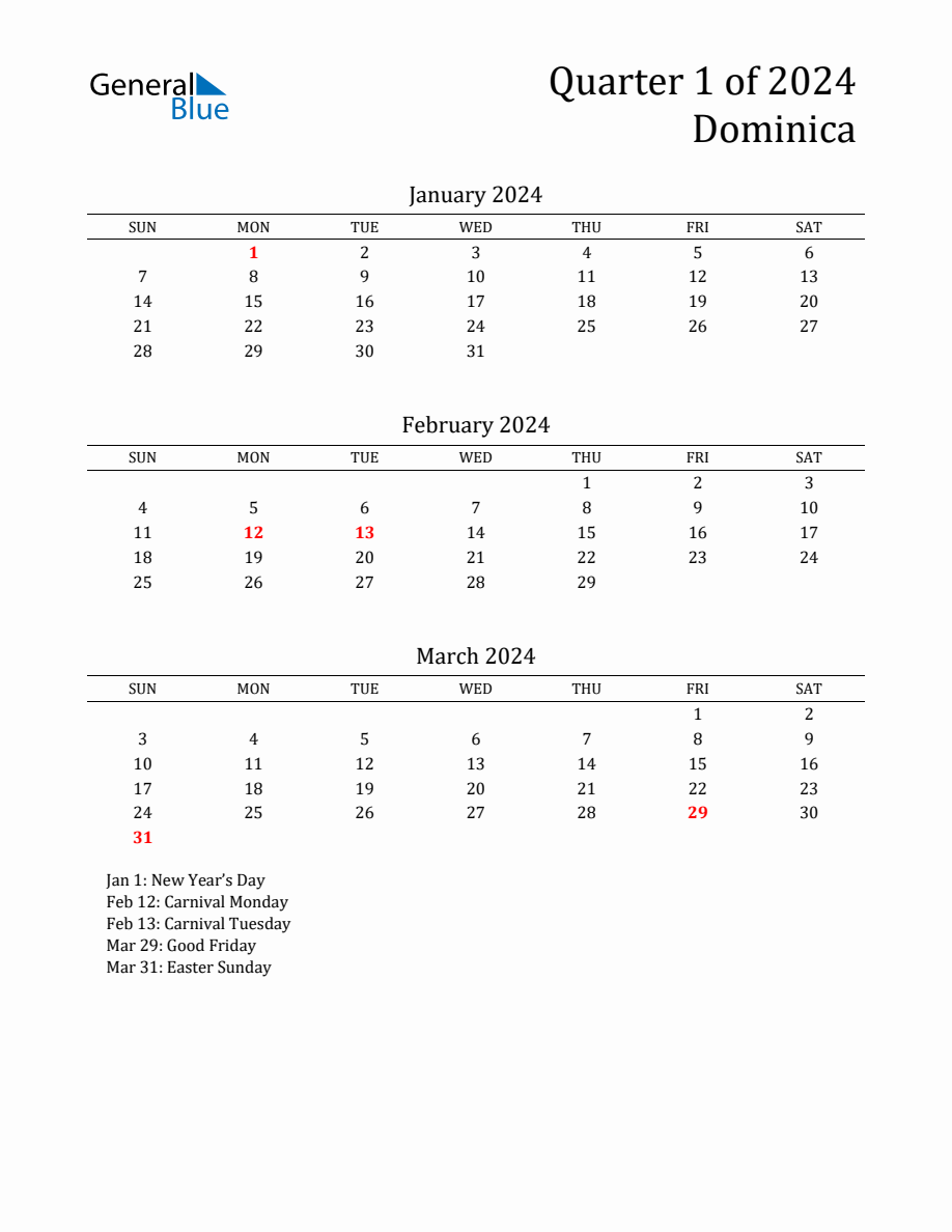 Quarter 1 2024 Dominica Quarterly Calendar