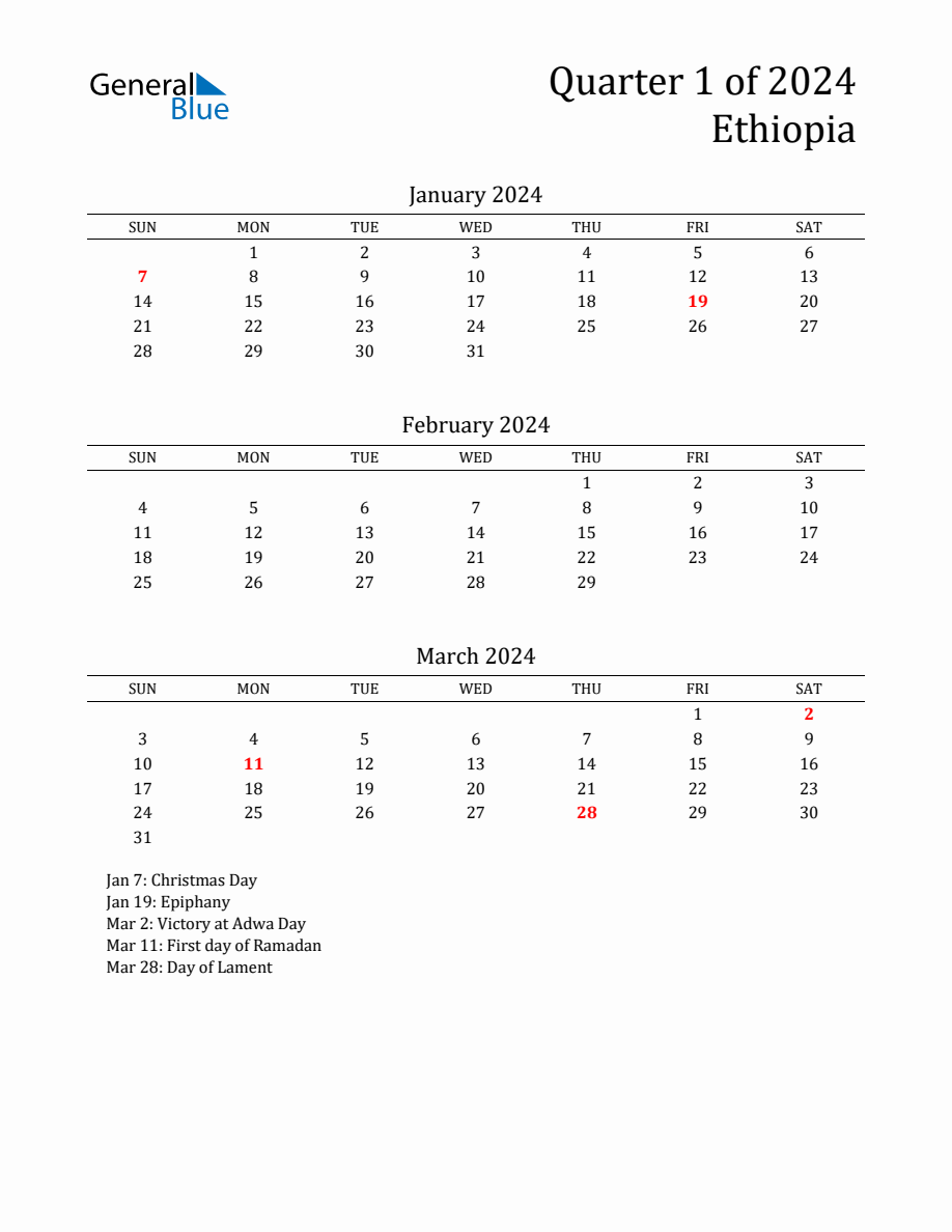 Quarter 1 2024 Ethiopia Quarterly Calendar