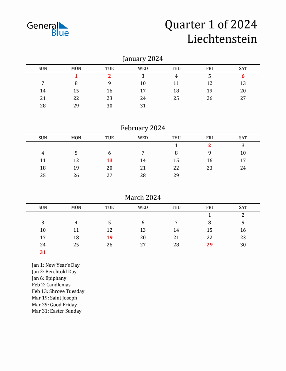 Quarter 1 2024 Liechtenstein Quarterly Calendar