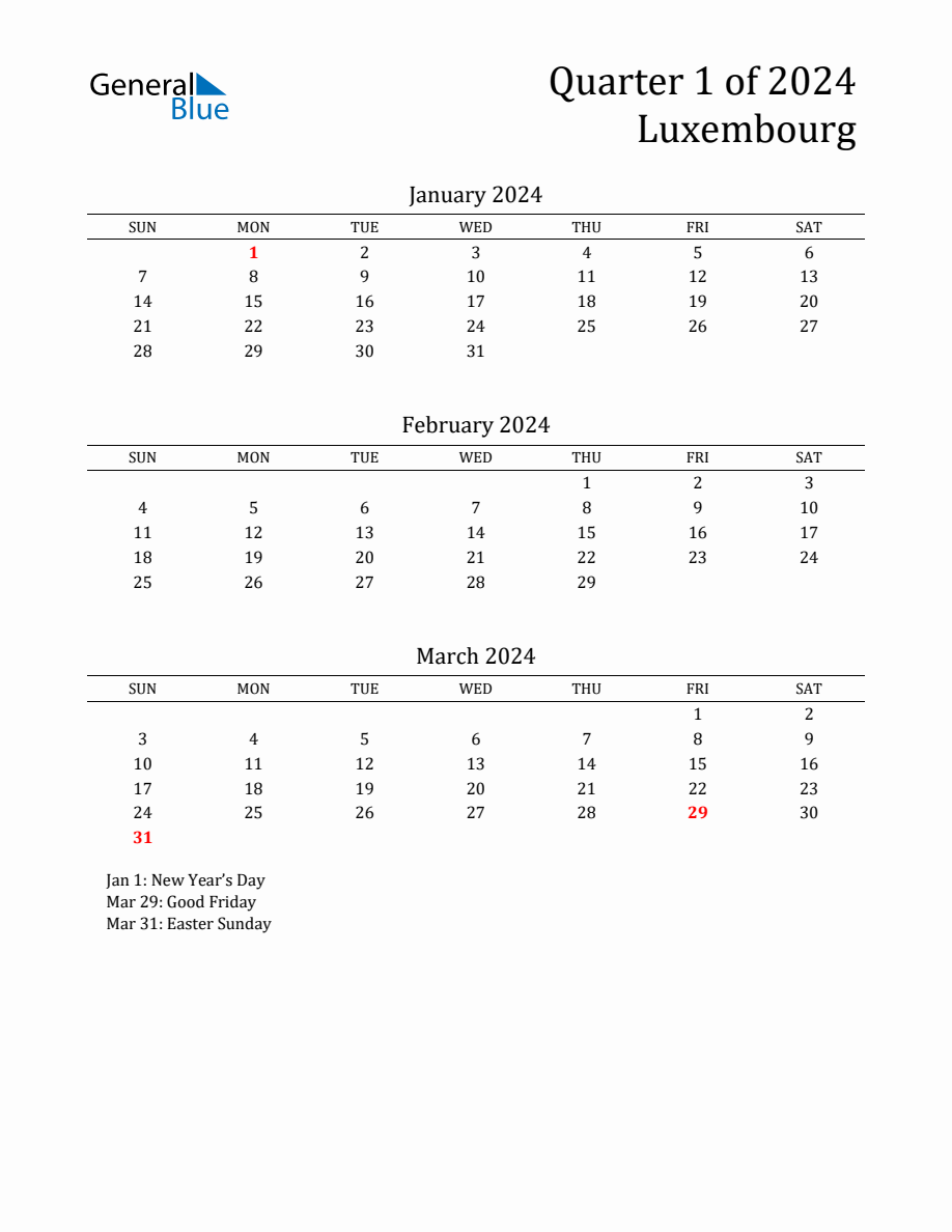 Quarter 1 2024 Luxembourg Quarterly Calendar