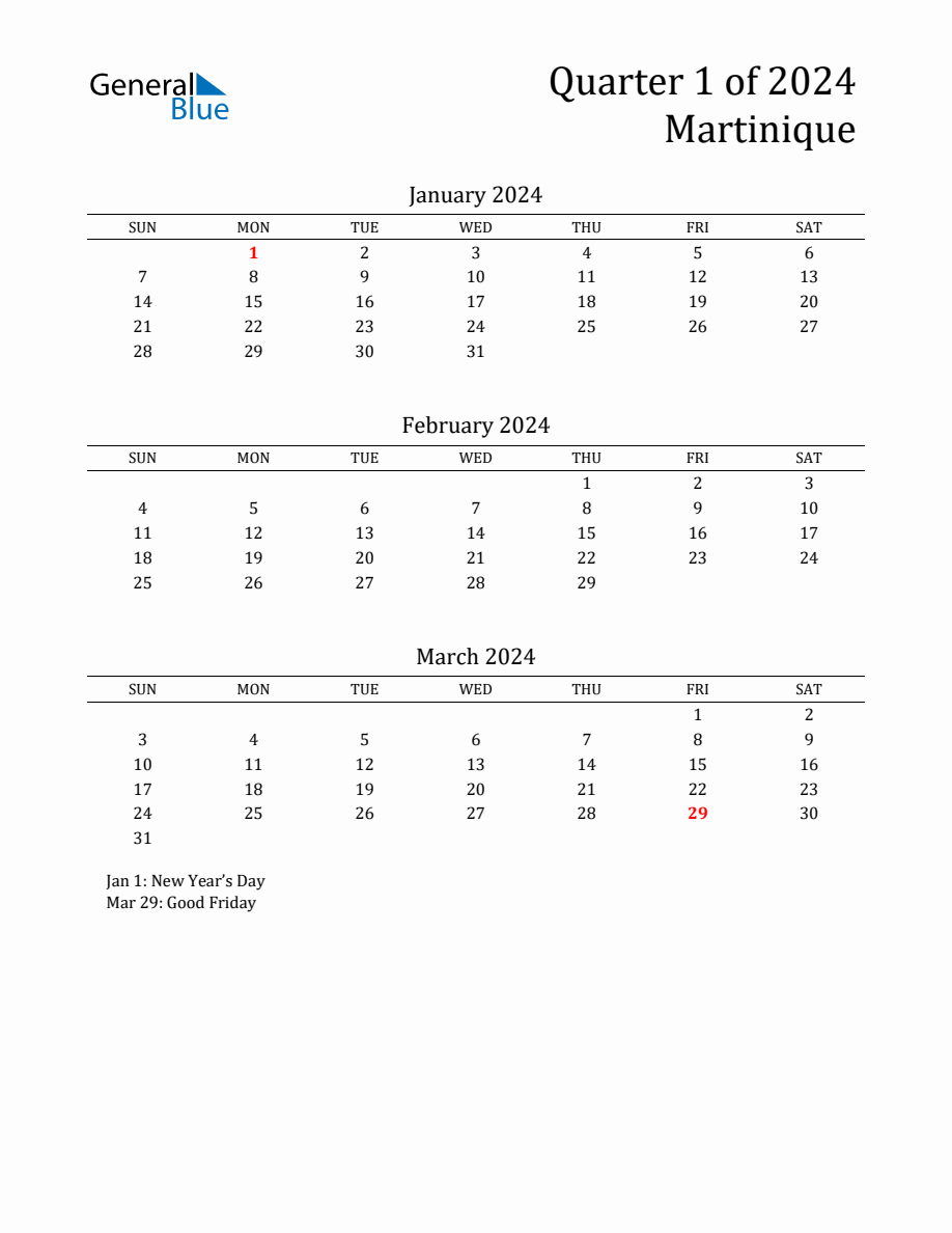 Quarter 1 2024 Martinique Quarterly Calendar