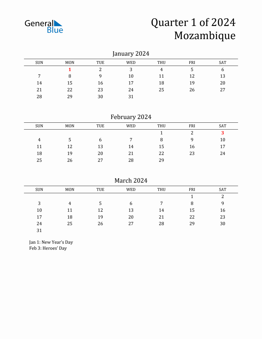 Quarter 1 2024 Mozambique Quarterly Calendar