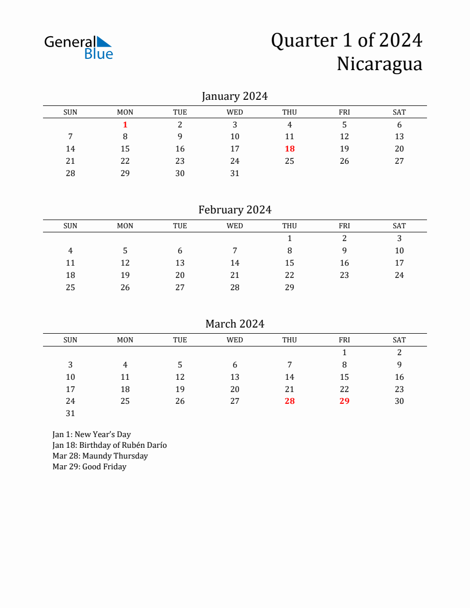 Quarter 1 2024 Nicaragua Quarterly Calendar