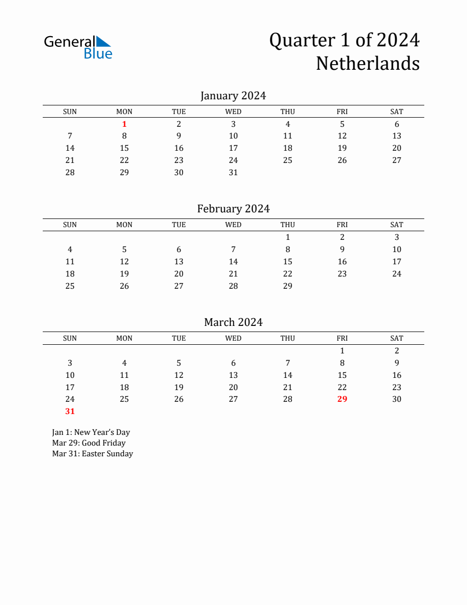 Quarter 1 2024 Netherlands Quarterly Calendar