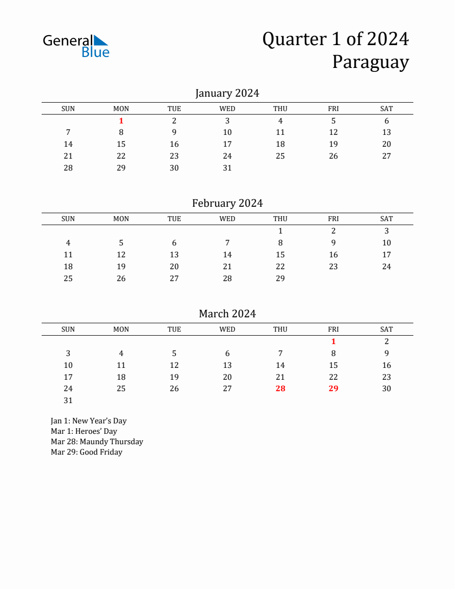 Quarter 1 2024 Paraguay Quarterly Calendar