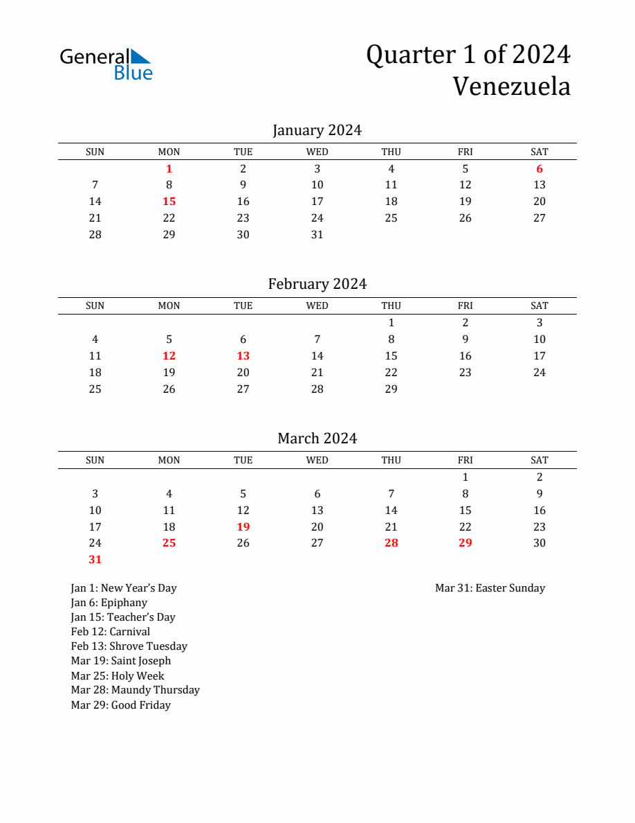 Quarter 1 2024 Venezuela Quarterly Calendar