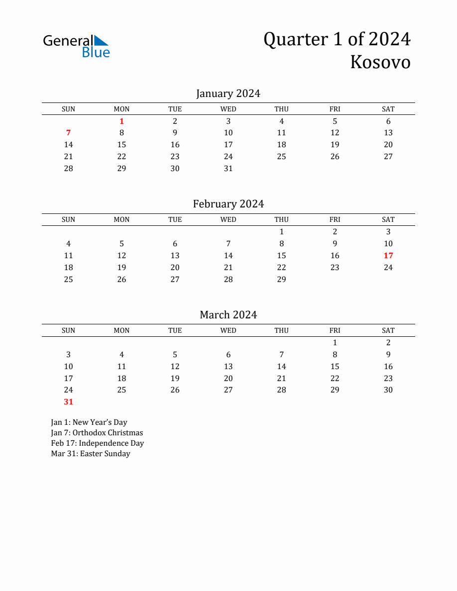 Quarter 1 2024 Kosovo Quarterly Calendar