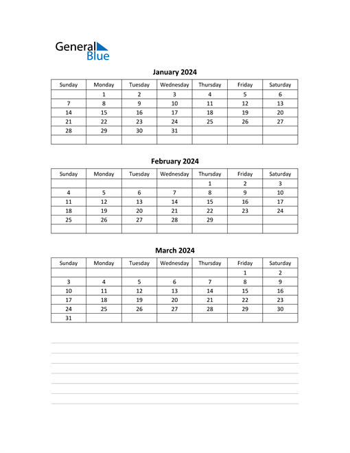 Q1 2024 Quarterly Calendar (PDF Word Excel)