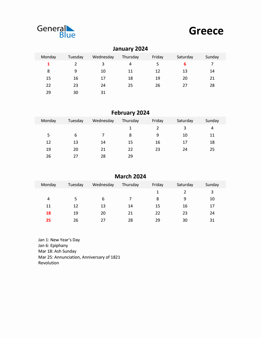 Printable Quarterly Calendar with Notes and Greece Holidays Q1 of 2024