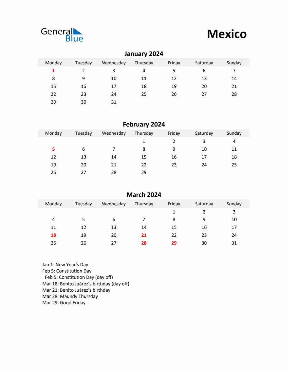 Printable Quarterly Calendar with Notes and Mexico Holidays Q1 of 2024