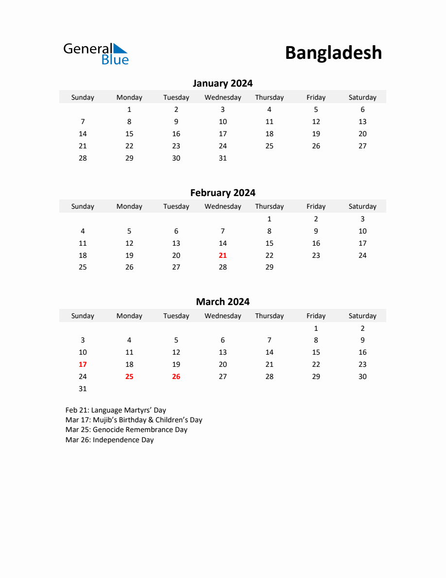 Printable Quarterly Calendar with Notes and Bangladesh Holidays- Q1 of 2024