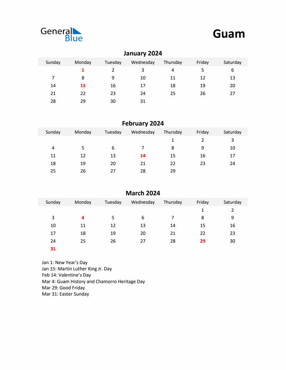 Printable Quarterly Calendar with Notes and Guam Holidays Q1 of 2024