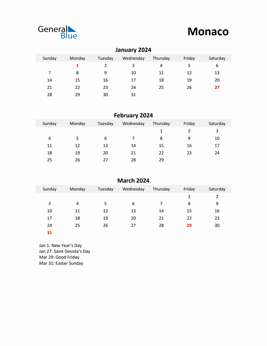 Printable Quarterly Calendar with Notes and Monaco Holidays Q1 of 2024