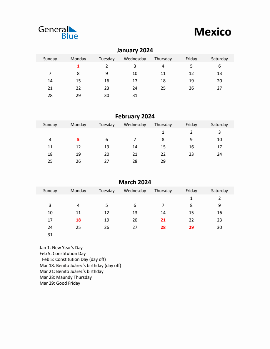 Printable Quarterly Calendar with Notes and Mexico Holidays Q1 of 2024