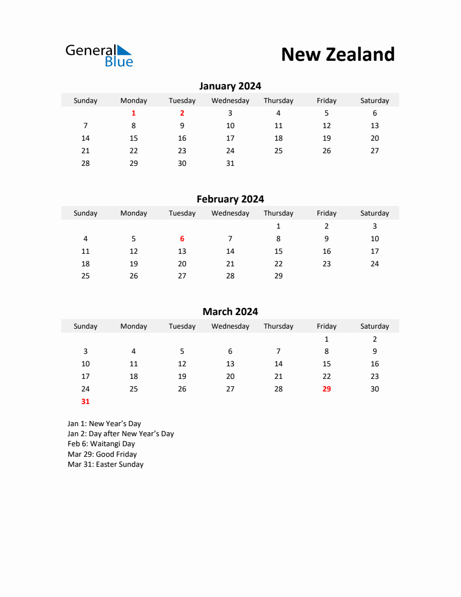 Printable Quarterly Calendar with Notes and New Zealand Holidays Q1 of