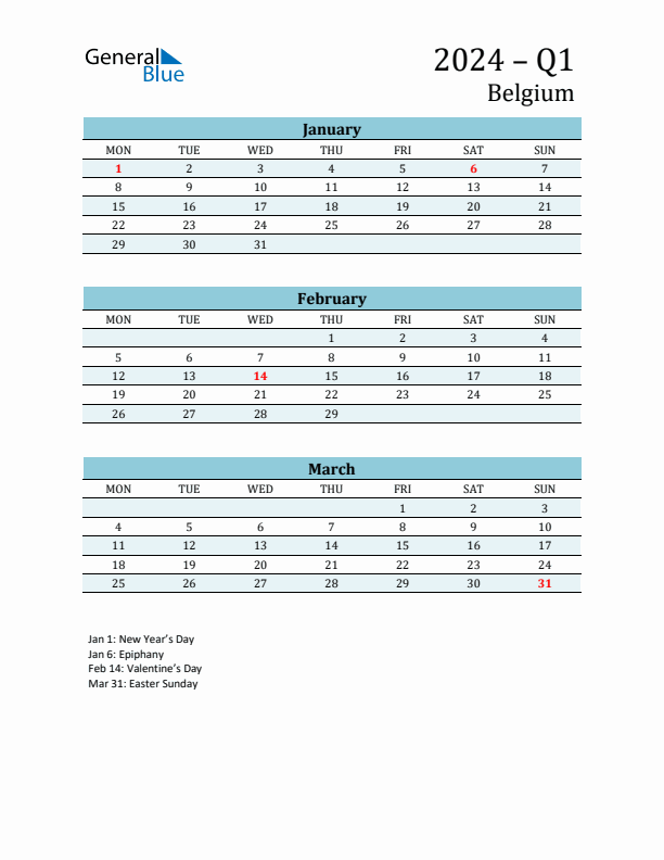 Q1 2024 Monday Start Quarterly Calendar with Belgium Holidays