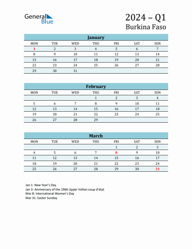 Three-Month Planner for Q1 2024 with Holidays - Burkina Faso